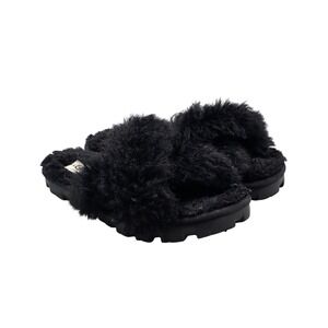 Ugg Women's Size 6 US EUC Sugar Cross Black Wool & Faux Fur Fuzzy Fluffy Sandals